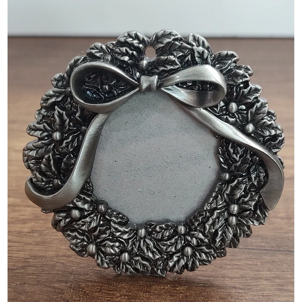 Christmas Wreath Pewter Photo Glass Frame Ornament With Bow B19
